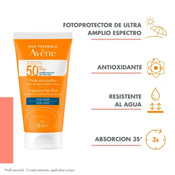 AVÈNE SOLAR FLUIDO SIN PERFUME SPF50+ 50 ml - Imagen 3